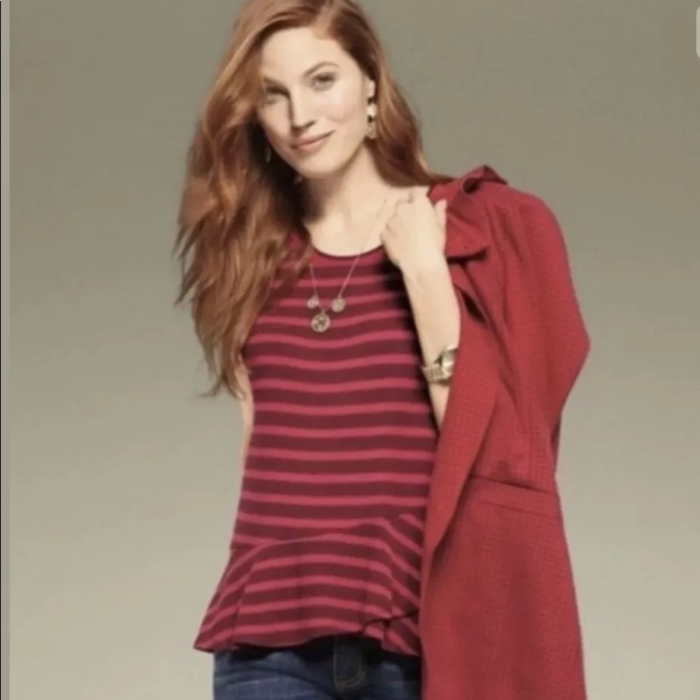 Cabi Sweet Talk Red Striped Peplum Top